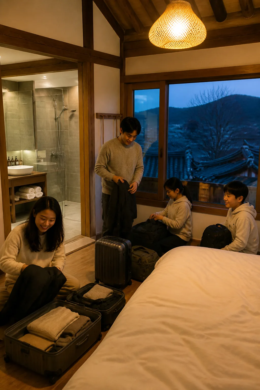 경주 문화유산 여행 후 펜션에서 휴식하는 가족 여행객과 객실 생활 공간