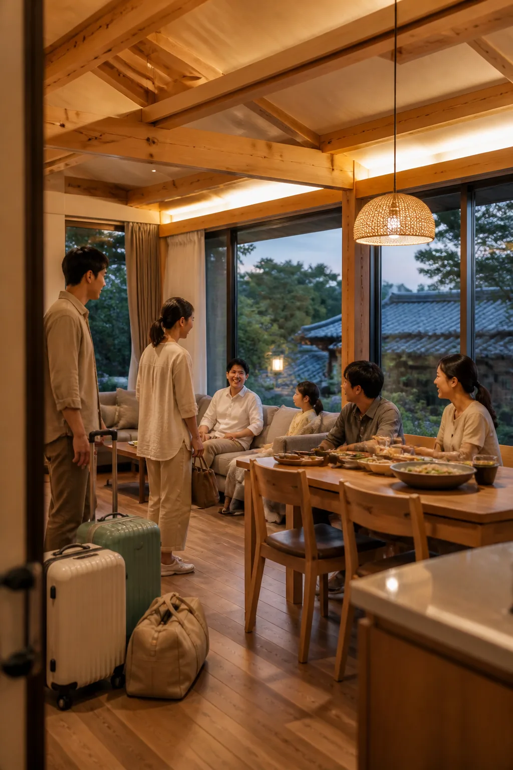 경주 역사문화 여행 후 일행이 합류해 쉬는 경주펜션 객실과 식탁
