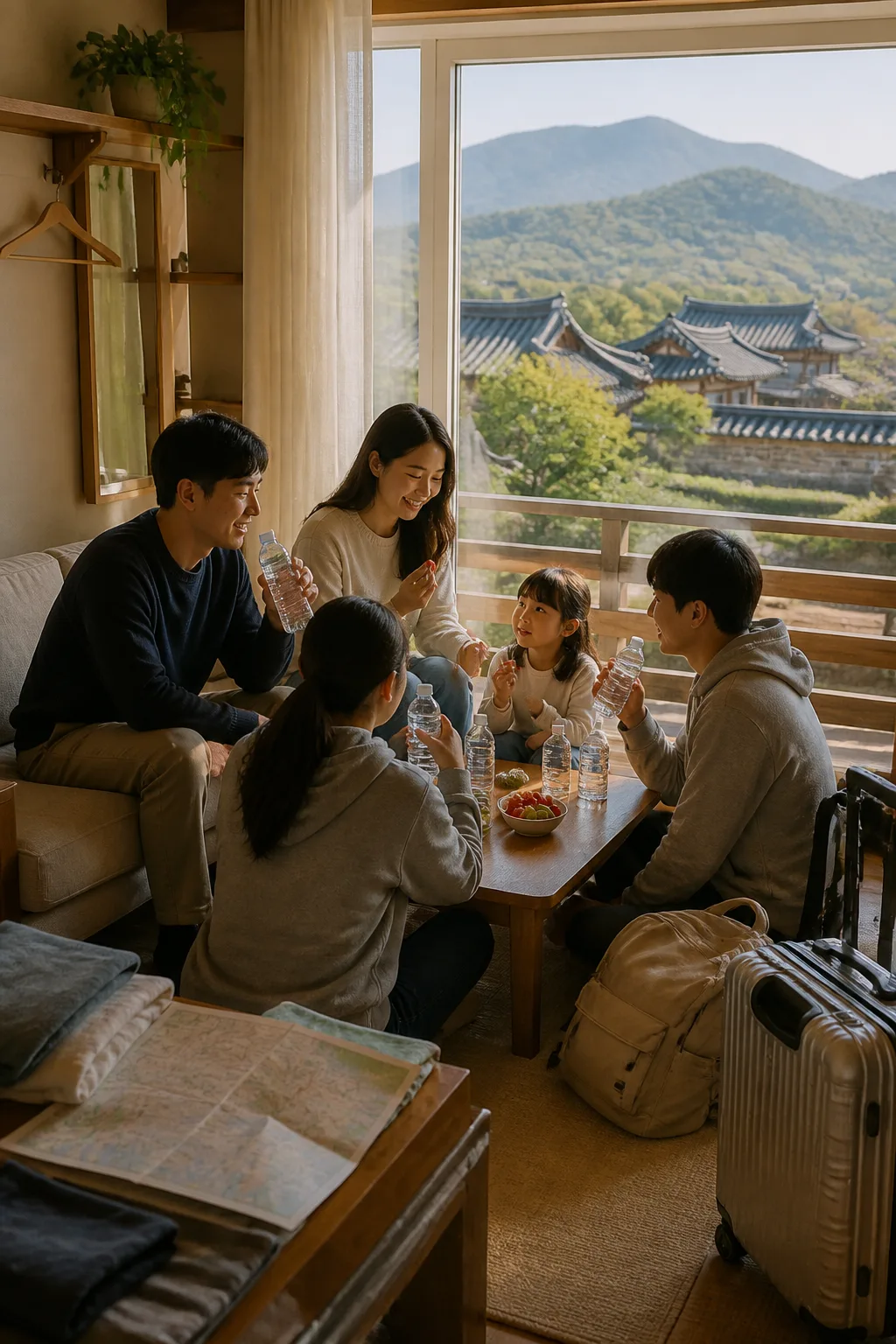 경주 역사문화 여행 중 펜션 객실에서 쉬는 가족과 친구들
