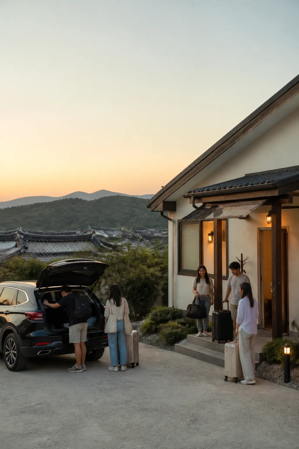 경주 역사문화 여행 후 안전한 주차와 현관 동선을 확인하는 경주펜션 가족 여행 장면