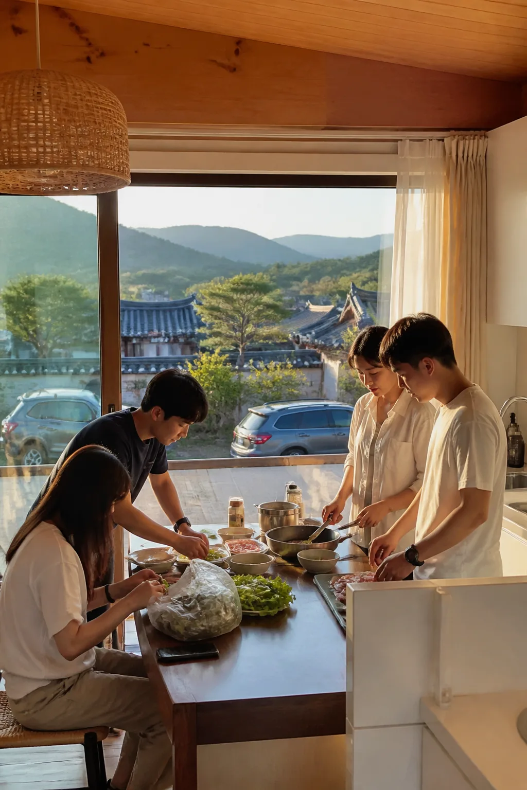 경주 관광 후 펜션에서 장보기 식재료로 저녁을 준비하는 여행객들의 모습