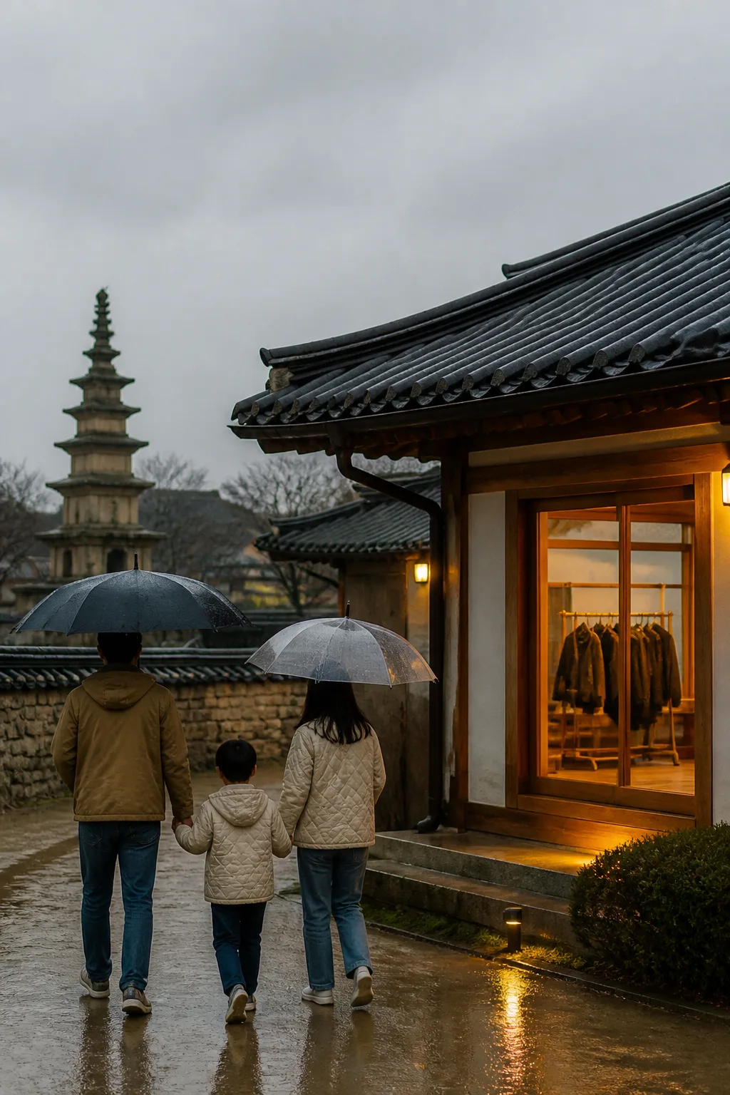 비 오는 경주 관광 후 젖은 외투를 정리하며 쉬는 경주펜션 실내 모습