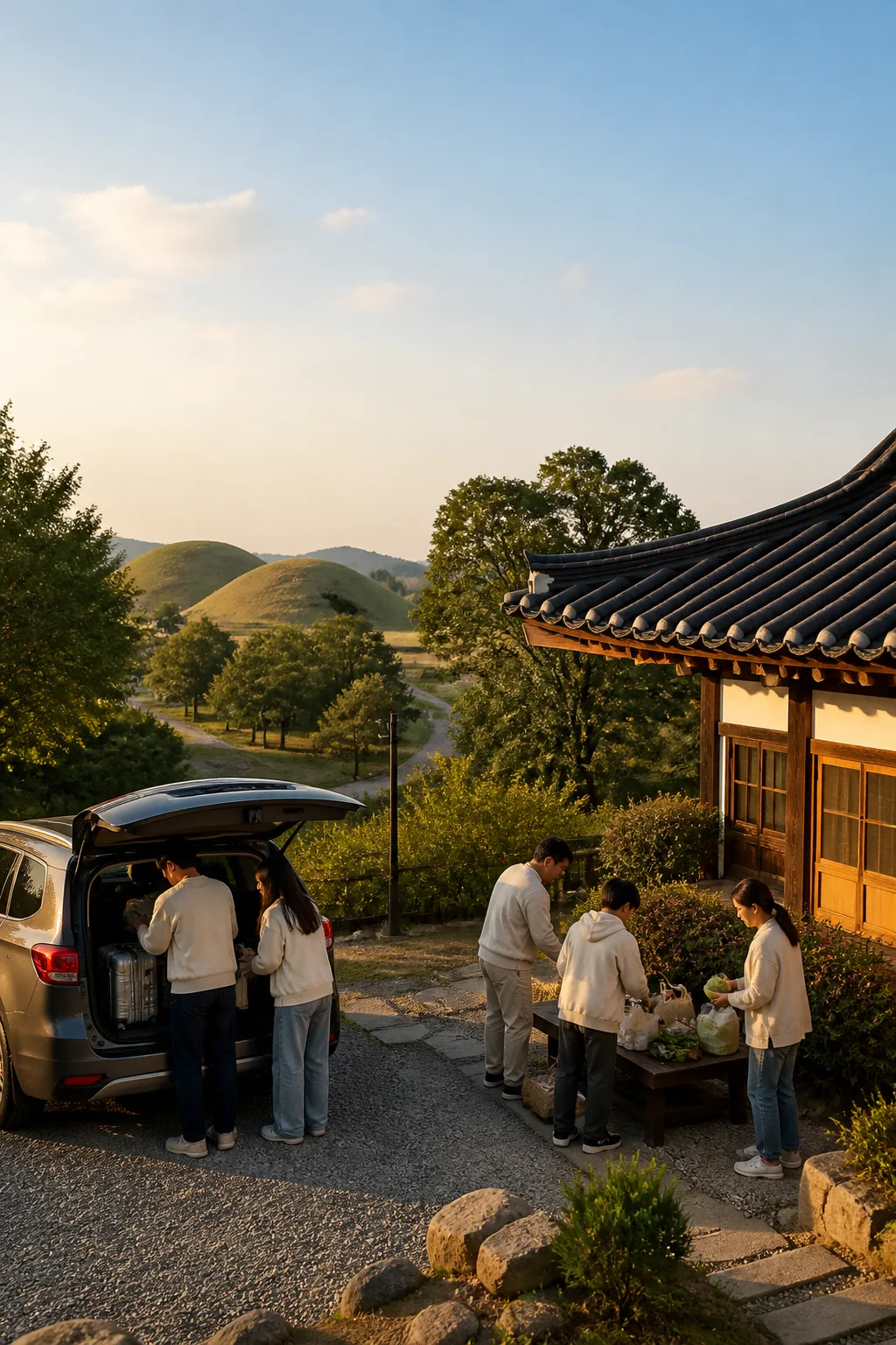경주펜션 주차장에서 장보기 짐을 정리하며 관광 동선을 준비하는 여행객들