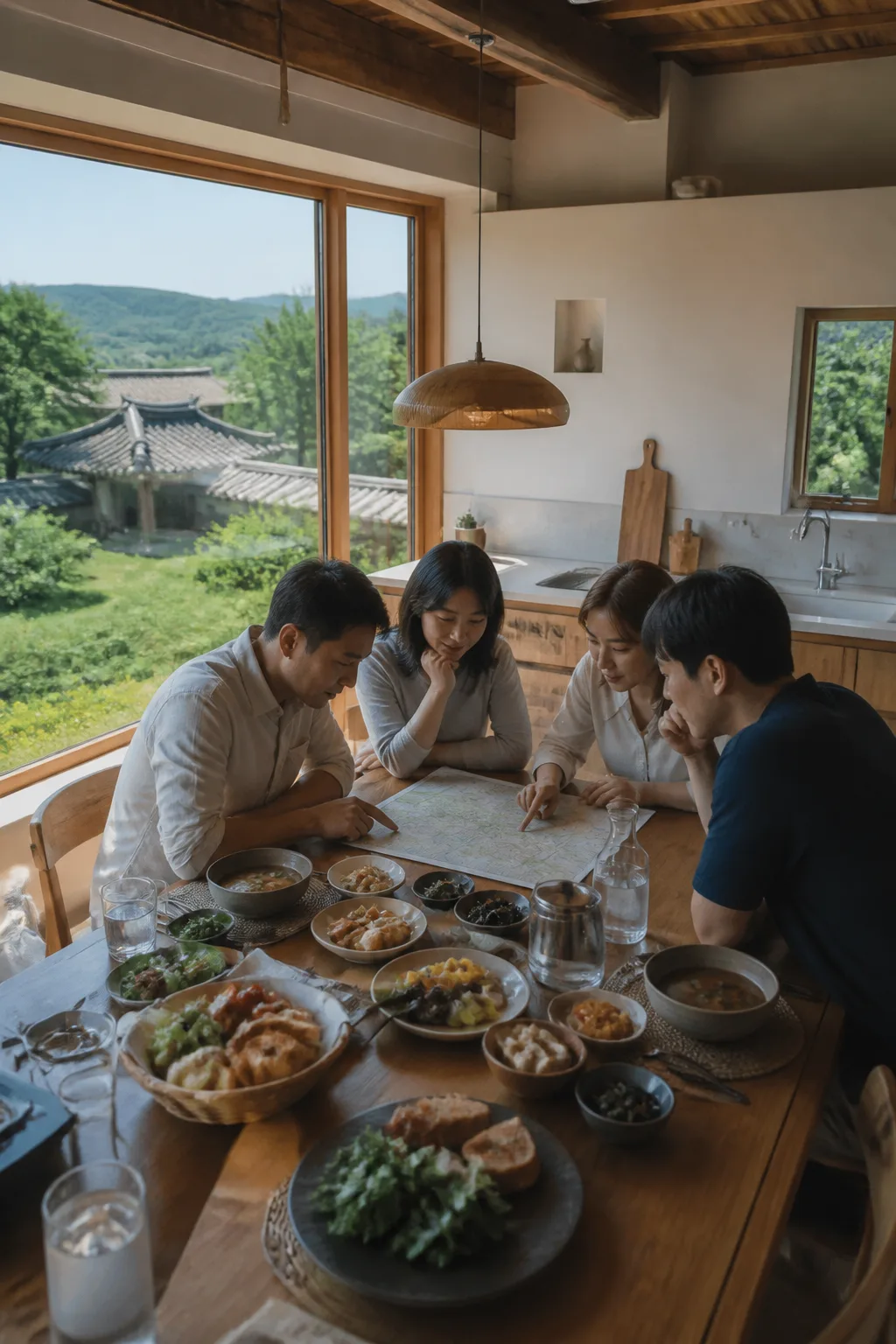 경주펜션 주방과 식탁에서 가족·친구 여행자가 식단과 관광 일정을 의논하는 모습