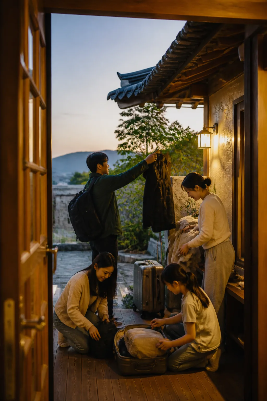 경주 문화유산 관광 후 펜션 현관에서 짐과 젖은 겉옷을 정리하는 여행객들
