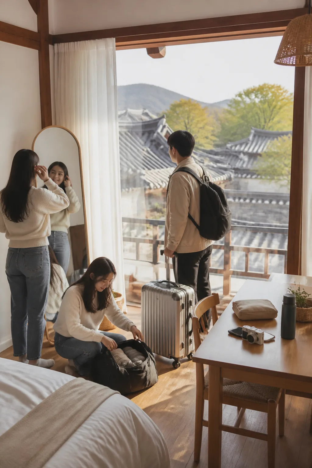 경주펜션 객실에서 가족 여행객들이 관광 전 외출을 준비하는 모습